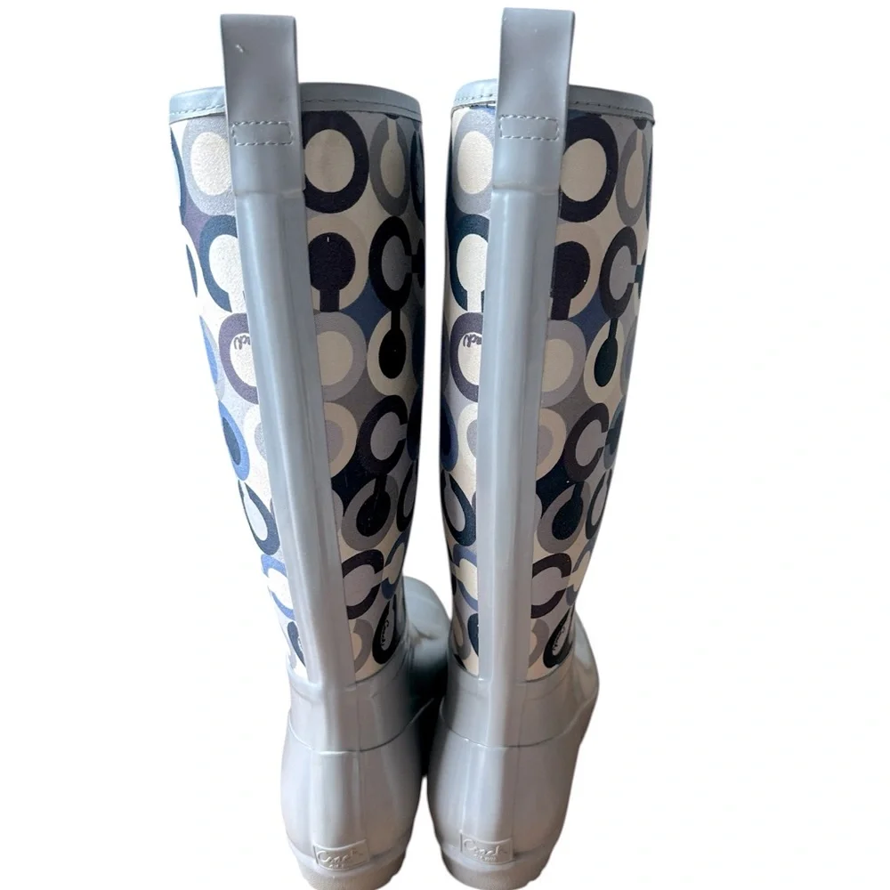 COACH Boots Women’s “Signature C” Tall Rain Boot Gray Blue Cream Pearl Size 7B